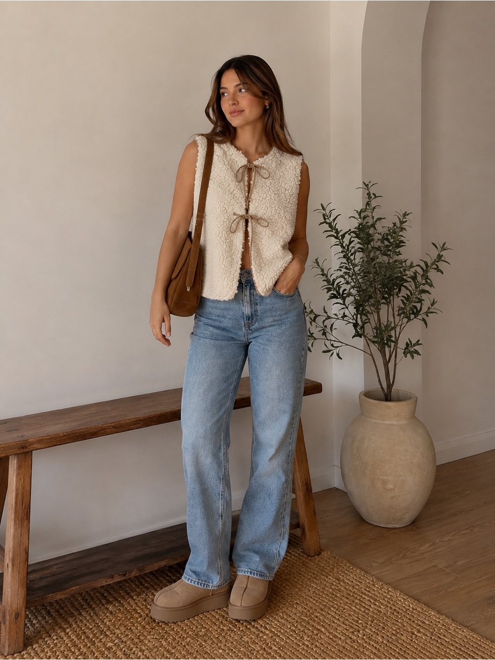 Commense Cream Lace Up Fleece Vest